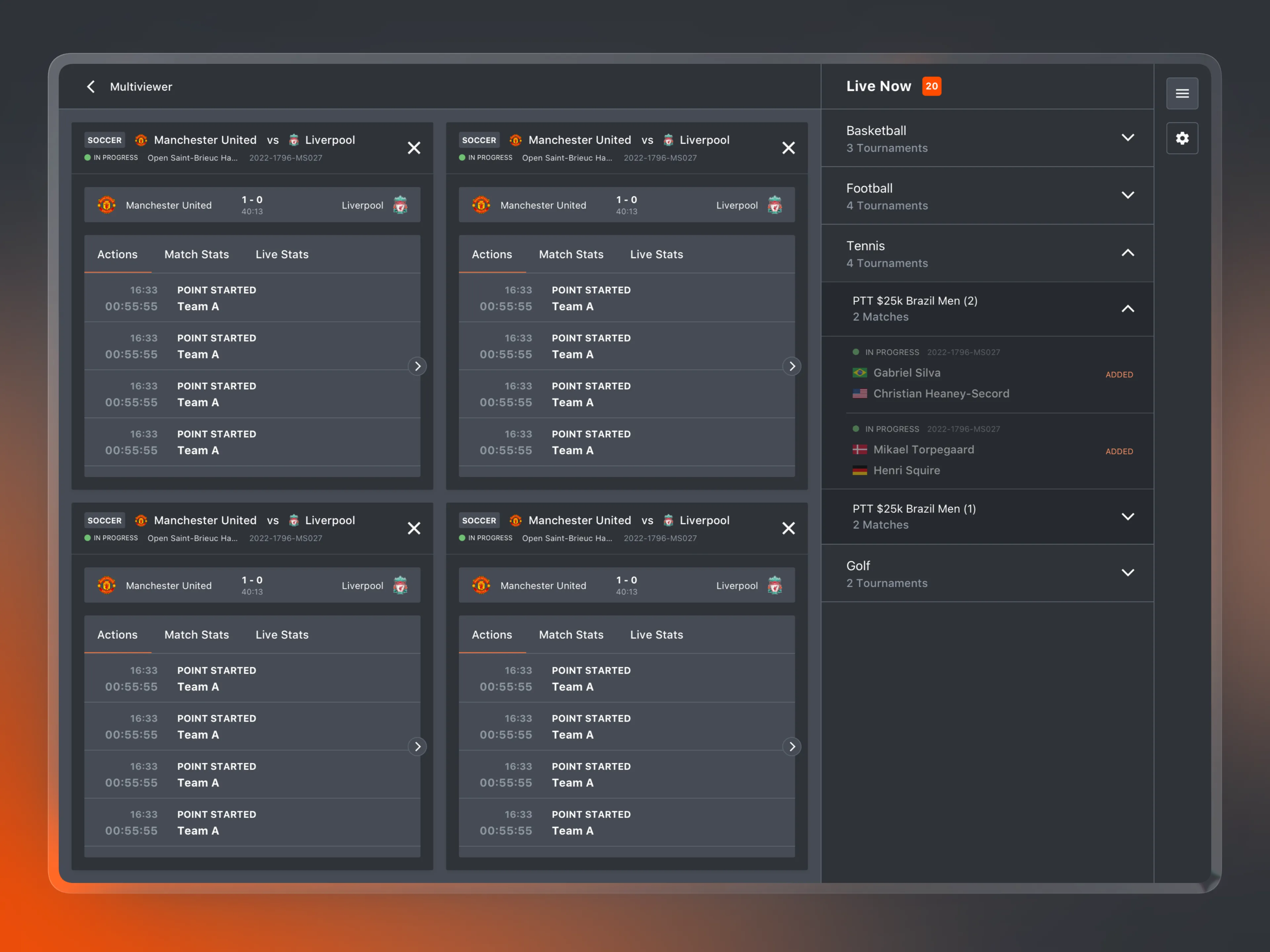 OPS UI Multiviewer with four football matches on screen at once, each showing a live score and an actions feed, and a Live Now sidebar organised by sport