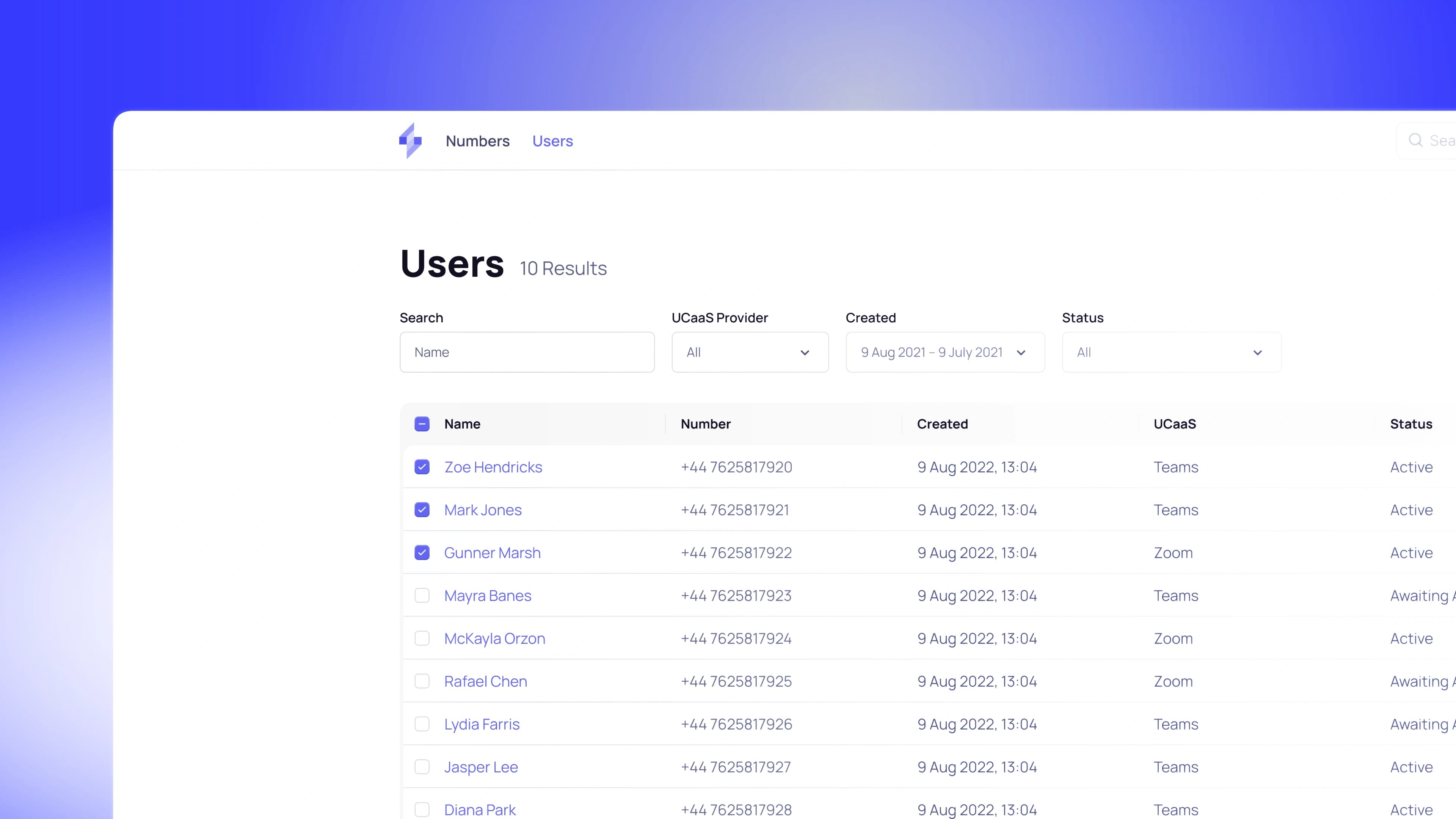 The Carrier Automate customers list, a row of filters above a table of customer accounts with their creation date, UCaaS platform, reseller and status